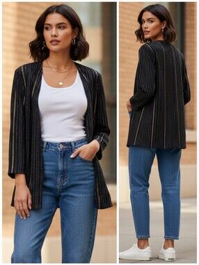 Joseph Ribkoff 8P Vintage 90s Timeless Contemporary Metallic Striped Open Blazer